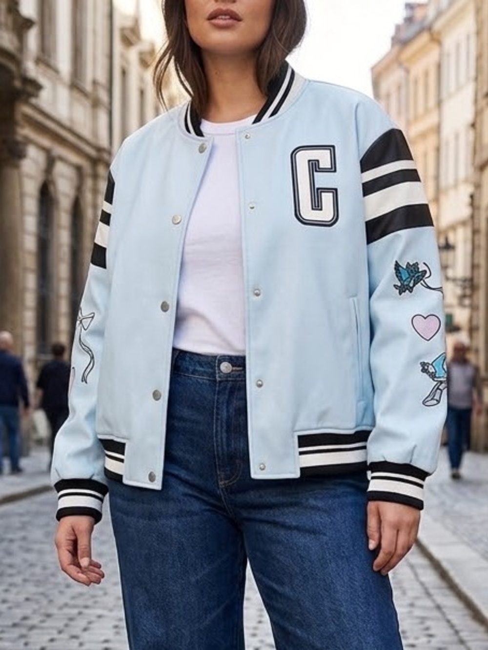 Disney Cinderella Blue Varsity Jacket with Black Trim and Sleeve Graphics